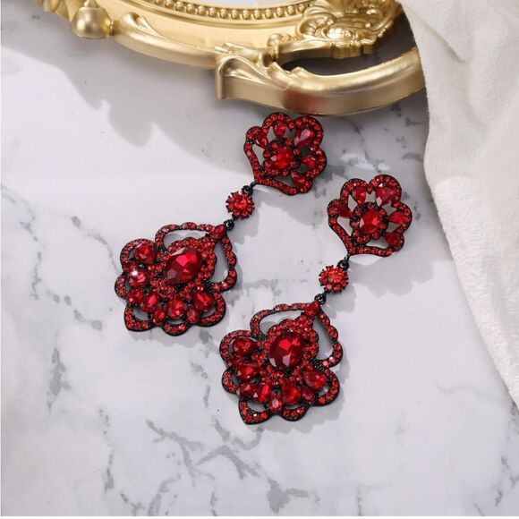 Carbon Black with Ruby Red Austrian Crystal Floral Teardrop Chandelier Earrings - Picture 2 of 4